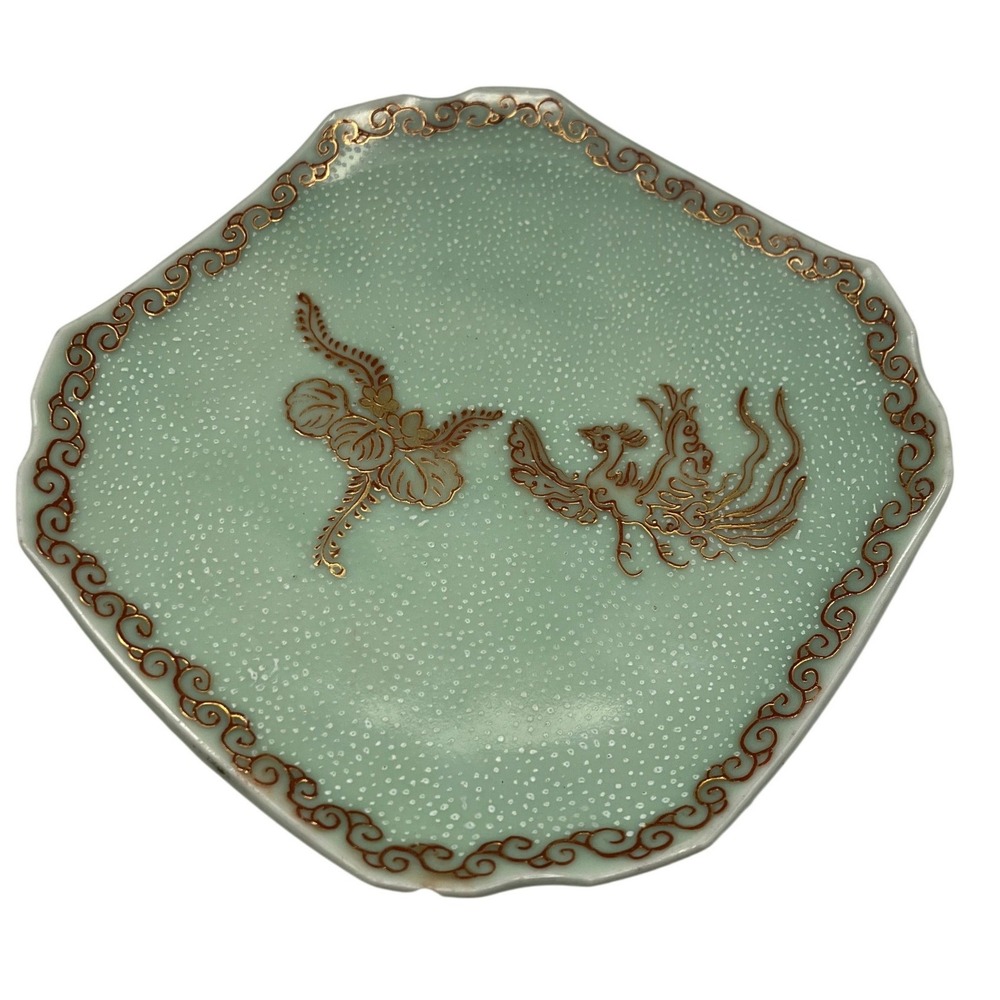 Decorative Plate 6.5in Green Celadon Phoenix Gold Gilt